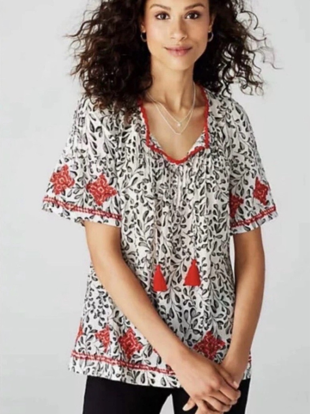 J.Jill Boho Pintucked Sketch Fern Peasant Top Size Medium